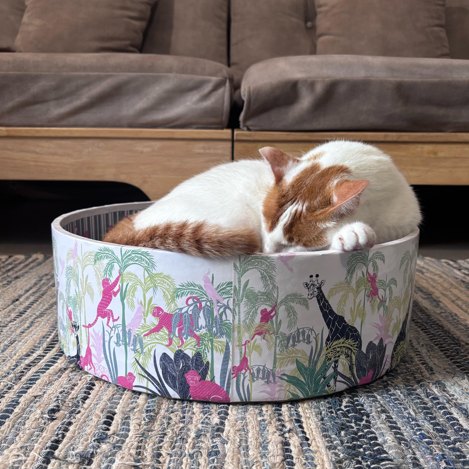Cat lying in a cat scratcher on a carpeted floor with a brown sofa in the background.