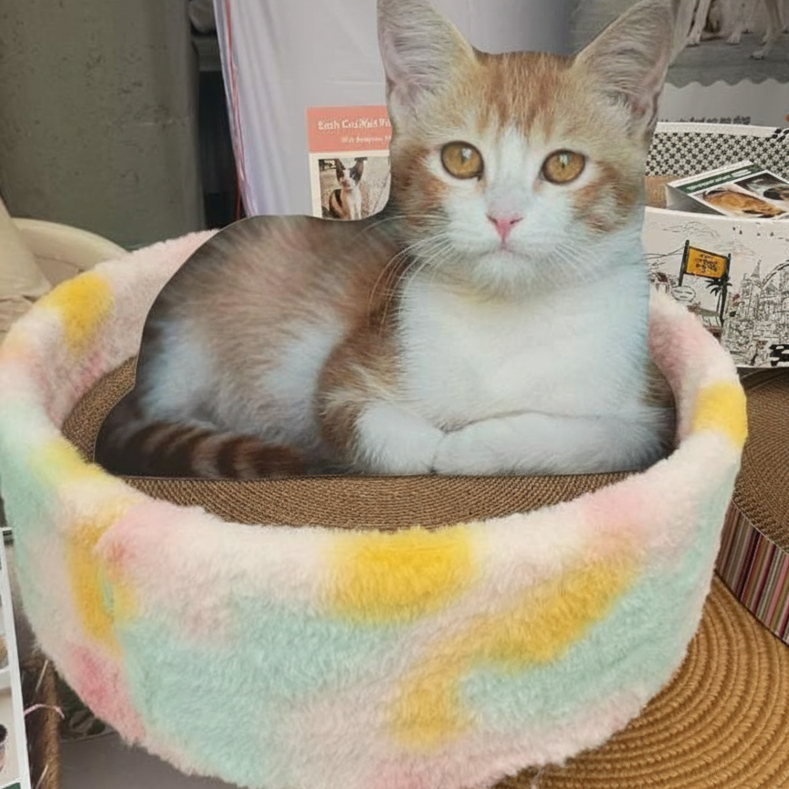 Cat lying on a colorful cat bed with a blurred background
